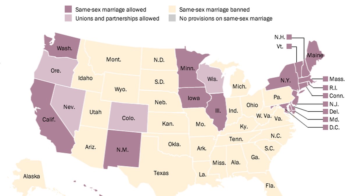 Samkönade äktenskap är olagligt i 29 av USA:s 50 stater